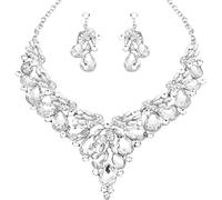 Enrwin Juego de collar y pendientes colgantes chapados en oro para boda, dama de honor, perlas de cristal austriaco, para boda, fiesta, baile de graduación, Cristal, Chapado en oro