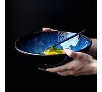 Ensaladera de cerámica azul, cuenco de ramen de estilo japonés retro, vajilla creativa para ensalada de frutas, cuenco de sopa L