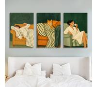 Ensemble de 3 toiles représentant une femme et un chat, décoration murale figurative féminine, triptyque avec un chat adorable (70 x 100 cm x 3 / sans cadre)