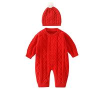 Ensemble en maille coton pour bébé nouveau-né, pull à manches longues unisexe garçon et fille, salopette à boutons avec bonnet assorti, tenue confortable pour nourrisson de 0 à 9 mois (Red, 3-6