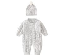 Ensemble en maille coton pour bébé nouveau-né, pull à manches longues unisexe garçon et fille, salopette à boutons avec bonnet assorti, tenue confortable pour nourrisson de 0 à 9 mois (Grey, 3-6