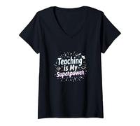 Enseñar es mi Orgullo educador de Superpotencia Camiseta Cuello V, Mujer, Negro, XXL