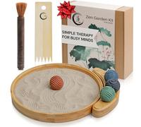 ENSO - Kit de jardín zen japonés para escritorio, juego de herramientas y accesorios de jardín de arena para escritorio de oficina, bandeja de bambú redonda grande de 12 pulgadas, 4 esferas de sellos,