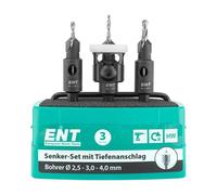 ENT 52400 Set de Avellanado con tope de profundidad Taladro de Metal duro (D2) 2,5-3,0-4,0 mm, Avellanado (D1) 9,5 mm, GL 60 mm, S 1/4» hexagonal