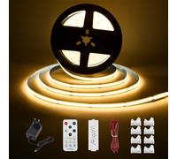 Enteenly Tira LED COB Blanco Cálido 5 Metros, Kit de Tira de Luz para Bajo Gabinete con Control Remoto RF para Vitrina, Cocina, Escritorio, Estante, Armario, Incluye Adaptador de 24V, 2700K