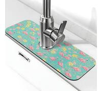 Entemne Alfombrilla de grifo de flamenco con flores amarillas turquesa pastel para fregadero de cocina, absorbente, protector de salpicaduras, bandeja de desagüe, alfombrilla de drenaje para encimera