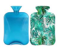 Entemne Bolsa de agua caliente de 2 litros, bolsa de agua caliente verde con hoja de palmeras tropicales con funda, bolsa de terapia reutilizable para aliviar el dolor, calambres menstruales, dolor