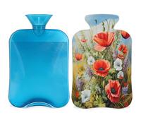 Entemne Bolsa de agua caliente de 2 litros, con diseño de amapola, hierbas, primavera, prado, pintura artística, bolsa de agua caliente con funda, bolsa de terapia reutilizable para aliviar el dolor