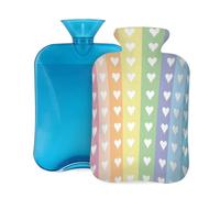 Entemne Bolsa de agua caliente de 2 litros con diseño de corazones arcoíris pastel, bolsa de agua caliente con funda, bolsa de terapia reutilizable para aliviar el dolor, calambres menstruales, dolor