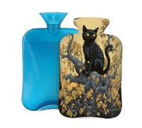 Entemne Bolsa de agua caliente de 2 litros con diseño de flores amarillas, árbol, gato negro, luna, bolsa de agua caliente con funda, bolsa de terapia reutilizable para aliviar el dolor, calambres