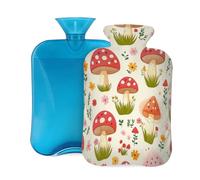 Entemne Bolsa de agua caliente de 2 litros con diseño de flores silvestres de hongos rojos, bolsa de agua caliente con funda, bolsa de terapia reutilizable para aliviar el dolor, calambres menstruales