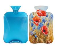 Entemne Bolsa de agua caliente de 2 litros con pintura al óleo de aciano y amapola, bolsa de agua caliente con funda, bolsa de terapia reutilizable para aliviar el dolor, calambres menstruales, dolor