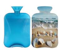 Entemne Bolsa de agua caliente de 2 litros, conchas marinas, estrellas de mar, olas del océano, bolsa de agua caliente con funda, bolsa de terapia reutilizable para aliviar el dolor, calambres