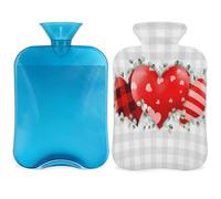 Entemne Bolsa de agua caliente de 2 litros, diseño de corazón rojo, eucalipto, gris, a cuadros, bolsa de agua caliente con funda, bolsa de terapia reutilizable para aliviar el dolor, calambres