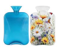 Entemne Bolsa de agua caliente de 2 litros, diseño de margaritas, mariposas, pintura artística, bolsa de agua caliente con funda, bolsa de terapia reutilizable para aliviar el dolor, calambres