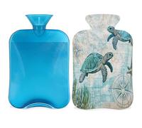 Entemne Bolsa de agua caliente de 2 litros, diseño vintage de tortugas marinas, estrella de mar, algas, bolsa de agua caliente con funda, bolsa de terapia reutilizable para aliviar el dolor, calambres