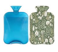 Entemne Bolsa de agua caliente de 2 litros, flor blanca, hoja verde, bolsa de agua caliente con funda, bolsa de terapia reutilizable para aliviar el dolor, calambres menstruales, dolor muscular