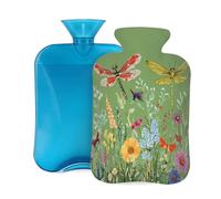 Entemne Bolsa de agua caliente de 2 litros, flores silvestres, libélula, hierbas verdes, bolsa de agua caliente con funda, bolsa de terapia reutilizable para aliviar el dolor, calambres menstruales