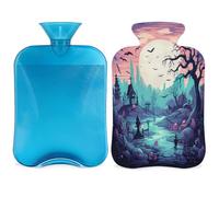 Entemne Bolsa de agua caliente de 2 litros para Halloween, luna, murciélagos, pintura artística, bolsa de agua caliente con funda, bolsa de terapia reutilizable para aliviar el dolor, calambres