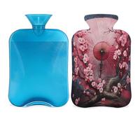 Entemne Bolsa de agua caliente de 2 litros, paraguas japonés, flor de cerezo, bolsa de agua caliente con funda, bolsa de terapia reutilizable para aliviar el dolor, calambres menstruales, dolor