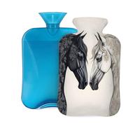 Entemne Bolsa de agua caliente de 2 litros, pintura artística de caballo negro y blanco, bolsa de agua caliente con funda, bolsa de terapia reutilizable para aliviar el dolor, calambres menstruales
