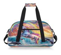 Entemne Bolsa de lona para niños, diseño de delfín saltando de caballo blanco arcoíris, resistente al agua, bolsa de deporte ligera para niños y niñas, bolsa de transporte para fin de semana