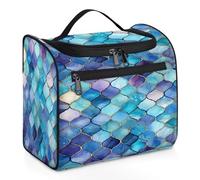 Entemne Bolsa de maquillaje colgante grande para viajes, azul y morado, patrón geométrico marroquí, organizador de artículos de tocador con bolsillos, impermeable, portátil, para mujeres, niñas