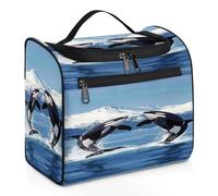 Entemne Bolsa de maquillaje colgante grande para viajes, lindas orcas saltando, organizador de cosméticos con bolsillos, impermeable, portátil, para mujeres, niñas, hombres, regalos