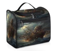 Entemne Bolsa de maquillaje colgante grande para viajes, Ocean Kraken, barco pirata, pulpo, organizador de cosméticos con bolsillos, impermeable, portátil, para mujeres, niñas, hombres, regalos