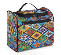 Entemne Bolsa de maquillaje grande colgante para viajes, colorido mosaico mexicano, mandala floral, organizador de cosméticos con bolsillos, impermeable, portátil, estuche de maquillaje para mujeres