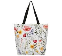 Entemne Bolsa grande de lona para mujer, diseño de hojas de flores silvestres, bolsa de comestibles con bolsillo con cremallera, reutilizable, ecológica, bolsa de hombro para el trabajo, viajes, uso
