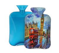 Entemne Botella de agua caliente de 2 litros con diseño retro de Londres, Big Ben, bolsa de agua caliente con funda, bolsa de terapia reutilizable para aliviar el dolor, calambres menstruales, dolor