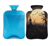 Entemne Botella de agua caliente de 2 litros para Halloween, luna, noche, murciélagos, árbol, bolsa de agua caliente con funda, bolsa de terapia reutilizable para aliviar el dolor, calambres
