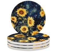 Entemne Juego de 4 posavasos de cerámica absorbente con diseño de girasol, galaxia, cielo estrellado, con respaldo de corcho, protección de mesa, resistentes al calor, antideslizantes, regalo de