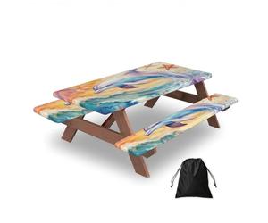 Entemne Juego de funda de mesa de picnic con diseño de delfín y conchas marinas con 2 fundas de banco, 5 pies