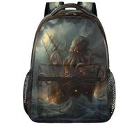 Entemne Mochila escolar para niños y niñas, diseño de océano Kraken, barco pirata, pulpo, mochila grande para escuela primaria, secundaria, impermeable, ligera, para adolescentes, viajes, senderismo