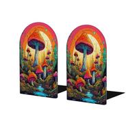 Entemne Sujetalibros de madera con diseño de hongos coloridos, 1 par de sujetalibros antideslizantes en forma de L con base de metal, tapones decorativos resistentes para libros, para estantes