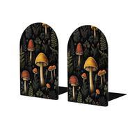 Entemne Sujetalibros de madera con patrón de hongos de bosque vintage, 1 par de sujetalibros antideslizantes en forma de L con base de metal, tapones decorativos resistentes para libros, para estantes