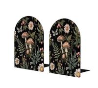 Entemne Sujetalibros de madera de hongos con diseño de bosque y flores silvestres, 1 par de sujetalibros grandes antideslizantes en forma de L con base de metal, tapones decorativos resistentes para