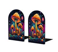 Entemne Sujetalibros de madera multicolor con diseño de hongos de galaxia, 1 par de sujetalibros antideslizantes en forma de L para niños con base de metal, tapones decorativos resistentes para libros