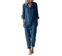 Enterizo de algodón y lino para mujer, informal, holgado, manga larga, con bolsillos, pierna ancha, formal, azul, XL