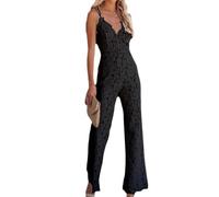 Enterizo de encaje con cuello en V y tirantes delgados para mujer, espalda abierta, color sólido, pierna ancha, para eventos de verano, B, S
