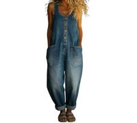 Enterizo de mezclilla para mujer con ajuste holgado estilo retro, de pierna ancha, con múltiples bolsillos, ropa de trabajo casual de algodón, A-azul cielo, L