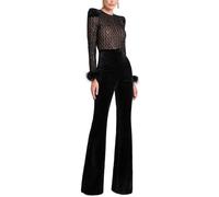 Enterizo elástico de terciopelo negro para mujer, con puños de plumas, manga larga, ajustado, traje de noche, 78 pulgadas, L