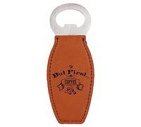 Enthoozies But First Coffee - Abridor de botellas magnético de cuero crudo grabado con láser, 4,5 x 11,9 cm
