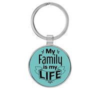 Enthoozies Llavero de cuero sintético grabado con láser My Family is my Life, 1.5 x 3 pulgadas, Verde azulado, 1.5" x 3"