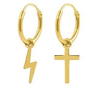 ENTREPLATA Pendientes de Aro Plata de Ley 925. Chapados Oro 24 K. Criollas Unisex. Dos Aretes con Un Colgante de Rayo y Uno de Cruz Dorados.