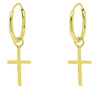 ENTREPLATA Pendientes de Plata 925 Unisex - Joyas Modernas para Hombre y Mujer Chapado Oro 24K - Par de Aros 2 Criollas con Charm Colgantes Aro Cruz Dorada