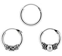 ENTREPLATA Set de 3 Aros Plata 925 - Criollas Tribales Bali + Aro Liso - Pendientes Unisex Hechos a Mano - 10 y 12 mm - Joyas Certificadas
