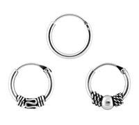ENTREPLATA Set de 3 Aros Plata 925 - Pendientes Unisex Criollas Tribales Bali y Arete Liso - Hechos a Mano con Diseño Étnico Bali - 10, 12 mm + 12 mm Liso - Plata de Ley Certificada